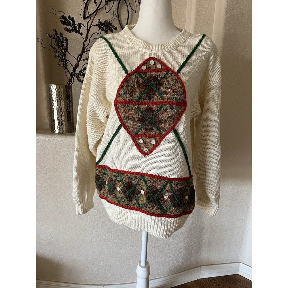 Chaus Womens Vintage Sweater Argyle Color Block Cream Chunky Knit Medium